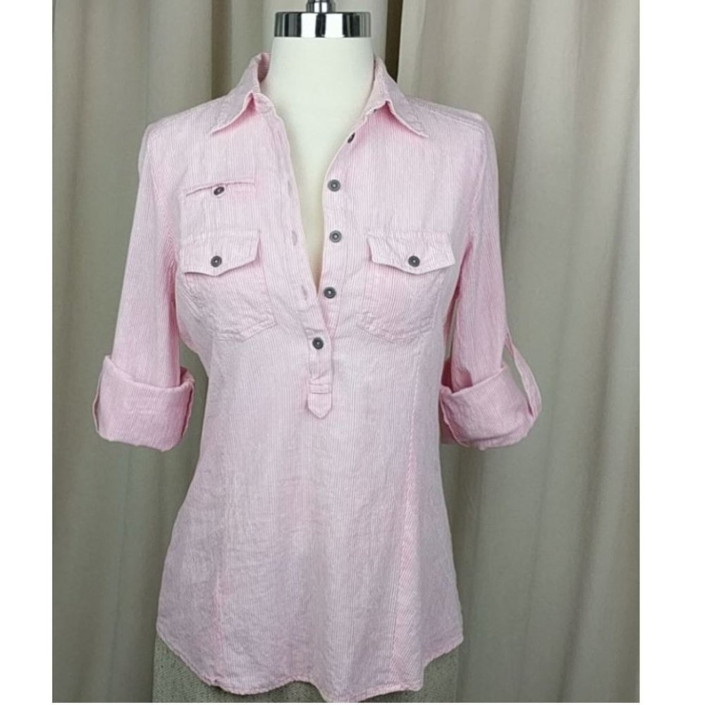 BCBG Pink Pinstripe Supersoft Pullover Half Button Placket Top Size XS
